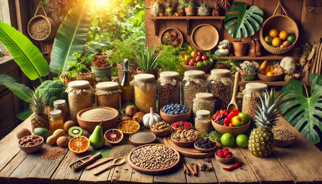 Produtos naturais e orgânicos dispostos em uma mesa de madeira rústica, incluindo grãos a granel em potes de vidro, frutas secas, castanhas e ervas frescas com um ambiente decorado com plantas.