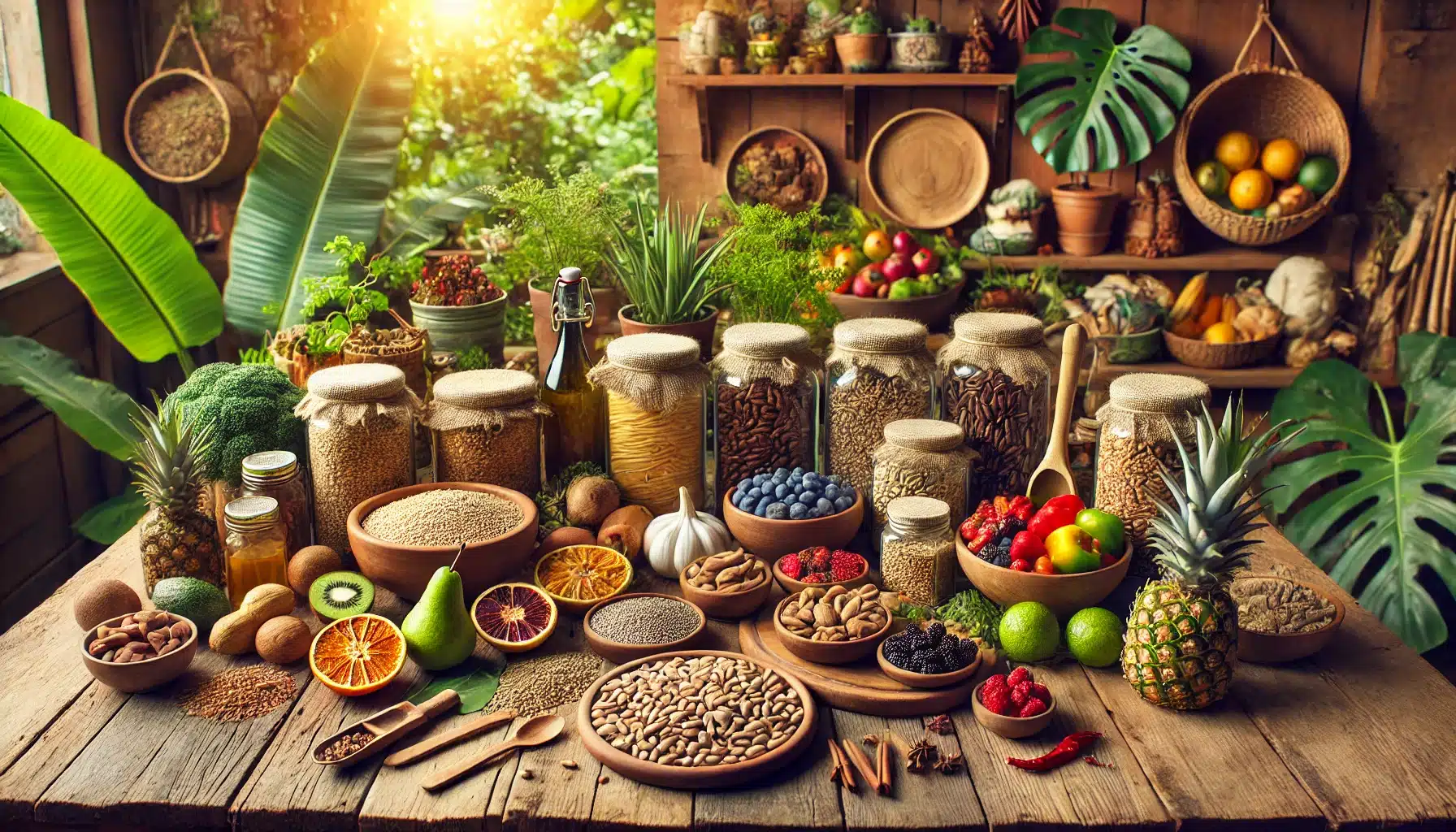 Produtos naturais e orgânicos dispostos em uma mesa de madeira rústica, incluindo grãos a granel em potes de vidro, frutas secas, castanhas e ervas frescas com um ambiente decorado com plantas.